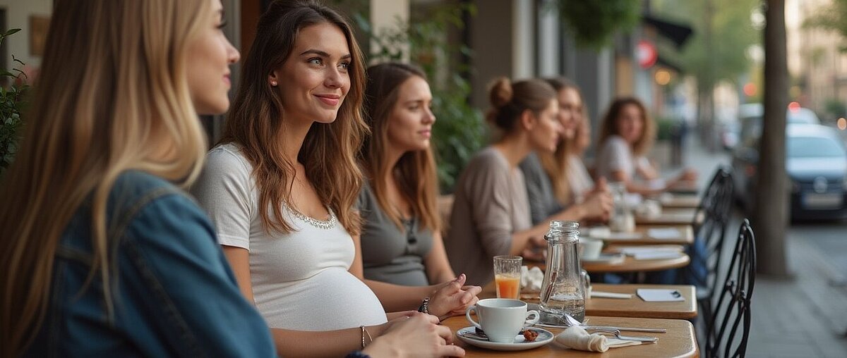 Eine Gruppe von Frauen, darunter eine schwangere Frau, sitzt an einem Cafétisch mit Getränken und Essen und unterhält sich.