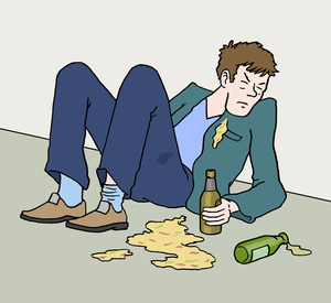 Person sitzt auf dem Boden, trinkt Alkohol und hat sich übergeben.