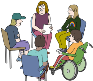 Fünf Personen sitzen in einem Stuhlkreis zusammen.