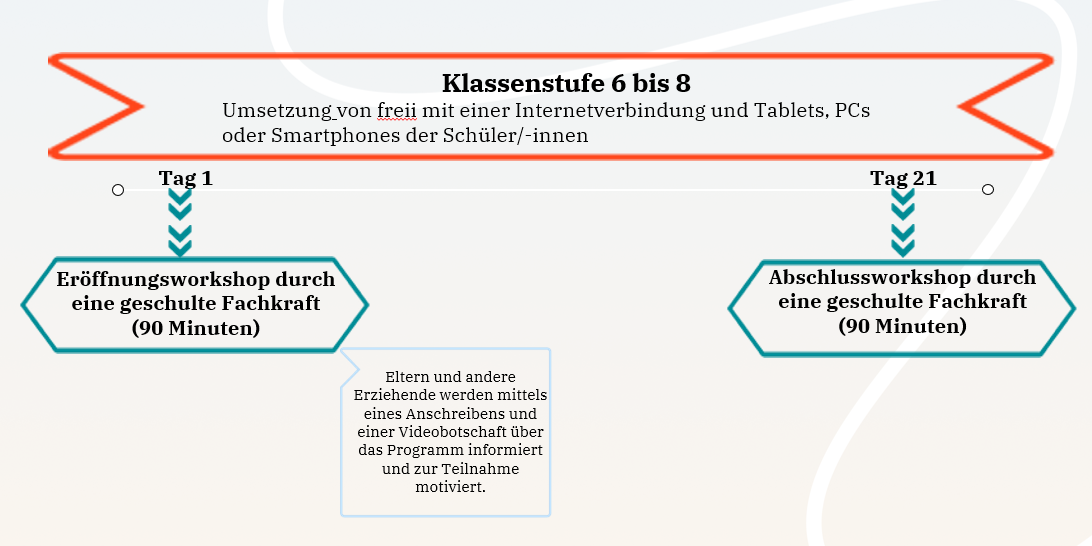 Struktur des Präventionsprogramms "freii" der Villa Schöpflin. Von Tag 1 mit einem Eröffnungsworkshop, der durch eine geschulte Fachkraft durchgeführt wird bis hin zu dem Abschlussworkshop 21 Tage später 