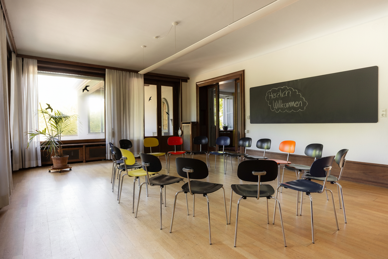 Seminarraum in den Räumlichkeiten der Villa Schöpflin in Lörrach. Der helle Raum ist für Besprechungen, Schulungen und Gruppenveranstaltungen ausgestattet.